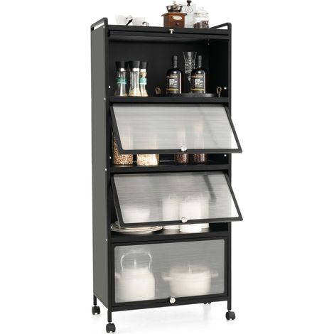 Credenza Supporto mobile con porte PC a scomparsa, Armadio da cucina autoportante con 4 ruote girevoli 60x32x154cm Nero (1/4)