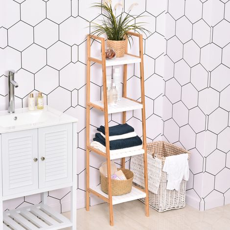 Estantería Escalera de Bambú de 4 Niveles Mueble de Almacenaje Multifuncional para Baño Salón Cocina 35x36x138,5 cm Blanco y Natural (1/5)