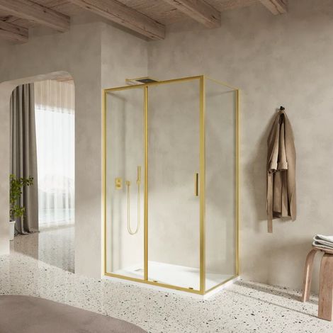 Cabine de douche slim 90 x 110 cm avec porte coulissante et paroi fixe profilés en or brossé et verre transparent anti calcaire de 6 mm (1/4)
