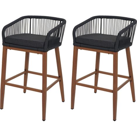 [NEUWERTIG] 2er-Set Rope-Barhocker HHG-110, Outdoor Sitzpolster Seilgeflecht Metall Holz-Optik anthrazit, Kissen dunkelgrau