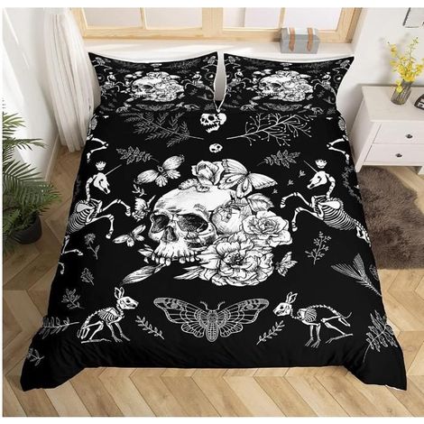 Skull Housse de Couette Halloween Moth Squelette Parure de Lit 90x190cm Ultra Doux Personnalisé Gothique Os Parure - E6U (1/4)