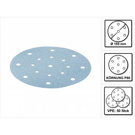 Festool – Disque abrasif Ø150 mm P80 – Lot de 50 pièces – Pour ponçage laques modernes et matériaux plastiques – Traitement faible COV