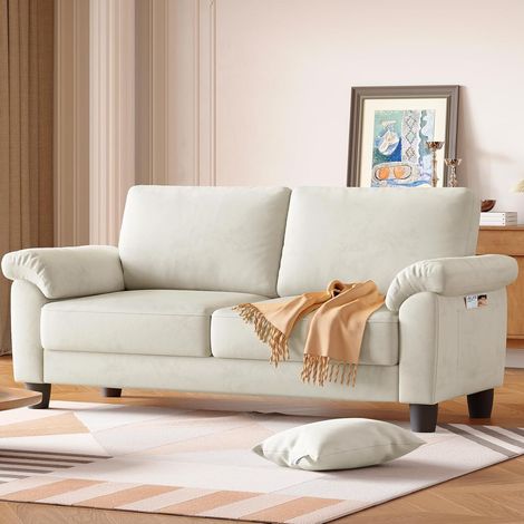 2-Sitzer-Sofa aus Samt, Mid-Century Modern Loveseat-Sofa mit Aufbewahrungstasche, großen Armlehnen, 178 x 75 x 87 cm - Beige