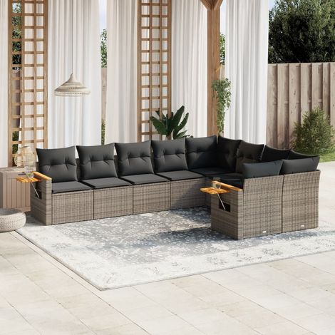 Set de muebles de jardín 9 pzas y cojines ratán sintético gris vidaXL (1/5)