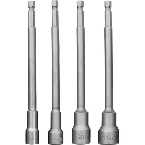 Lot de 4 douilles hexagonales magnétiques avec tige hexagonale de 6,35 mm, longueur 150 mm, clé à douille métrique à changement rapide, tige longue, écrou, driver, foret (H8/10/12/14 mm) (1/5)