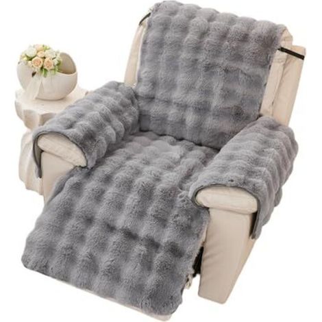 Housse de fauteuil en peluche douce, coussin de fauteuil, housses d'accoudoirs, nouvelle housse de fauteuil antidérapante, housse de fauteuil inclinable en fausse fourrure moelleuse (gris, 60 225 cm) (1/5)