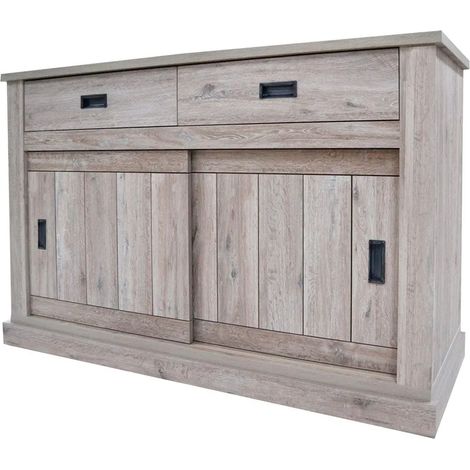 Madia Credenza Mobile Soggiorno Con 2 Cassetti E 2 Ante Scorrevoli 4 Ripiani Interni Design Minimal Shabby Chic Sala Da Pranzo Zona Living 150 x 50 x 95.5 Cm Colore Rovere Alaska