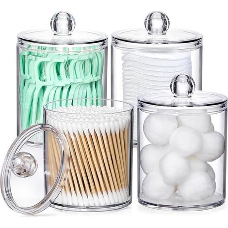 4 pièces, porte-coton avec couvercle, distributeur de cotons, pot à coton transparent, salle de bain et coiffeuse (1/5)