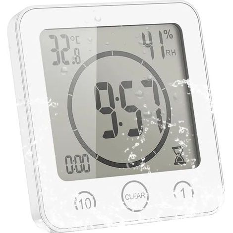 Weiße, wasserdichte Badezimmeruhr mit Temperaturanzeige und Saugnapf.