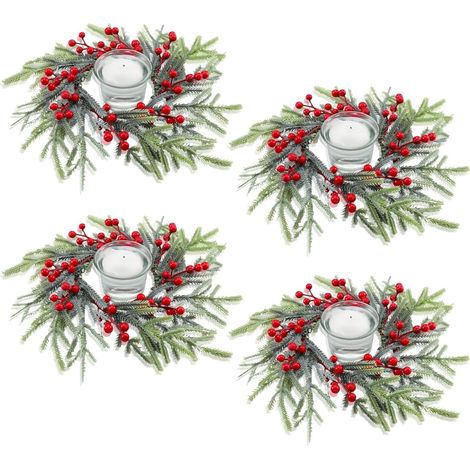 4 Pièces Anneaux de Bougie de Noël, 21CM Couronne de Baies Rouges Artificielles Bougeoir en Aiguilles de Pin Enneigées de Norfolk pour Pilier Rustique Mariage Noël Fête Table Centre Décoration (1/5)