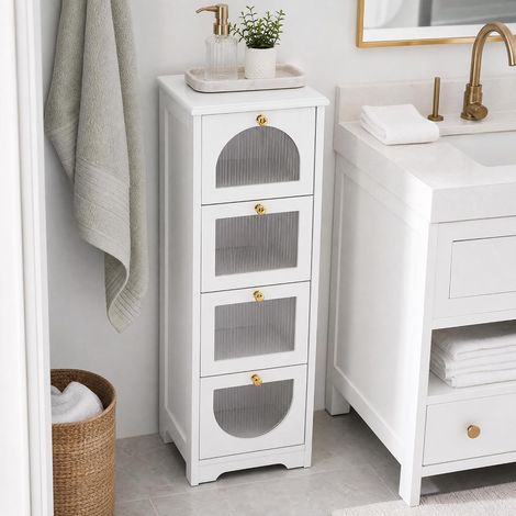 Meuble au sol blanc à 4 tiroirs autoportant pour espaces étroits, rangement salle de bain, salon et entrée (1/5)