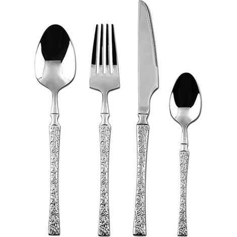 Gehämmertes Silberbesteckset für 10 Personen, Edelstahl 18/10, Küchenutensilien-Set für Zuhause, Küche, Restaurant, Hochzeit, modernes Design, langlebig, hochglanzpoliert, spülmaschinenfest (1/5)