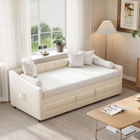 Schlafsofa Ausziehbar 2 Plätze 90-180x200cm - Cremevelours - Einfach Ausklappbar - Modernes Design - 370kg