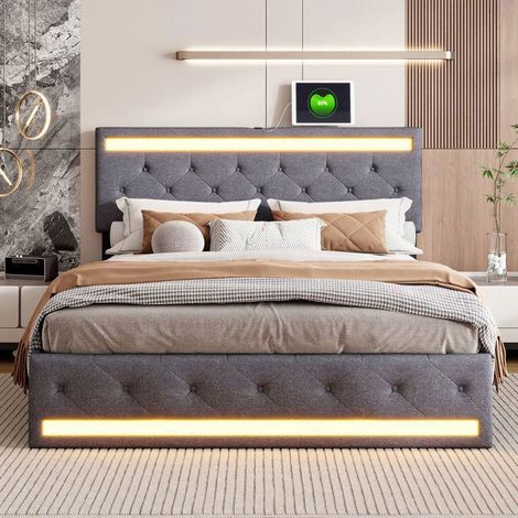 Lit 180x200 Lin Gris - 4 Tiroirs - LED Tête et Pied - USB - Sommier Lattes Inclus (1/5)