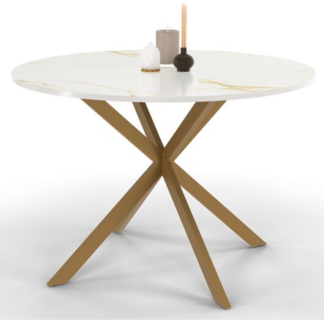 Runder Esstisch ALIX 6 Personen Spinnenbein aus Messing und Tischplatte mit goldenem Marmoreffekt ALASKA 110 cm