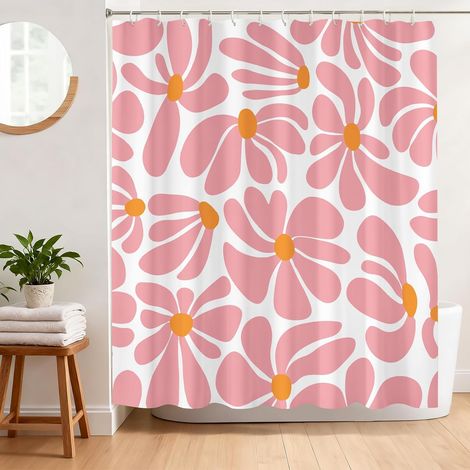 Cortina de ducha antimoho, 180 x 180 cm, estampado floral abstracto rosa, tejido de poliéster impermeable y lavable, cortina de baño con 12 ganchos (1/5)