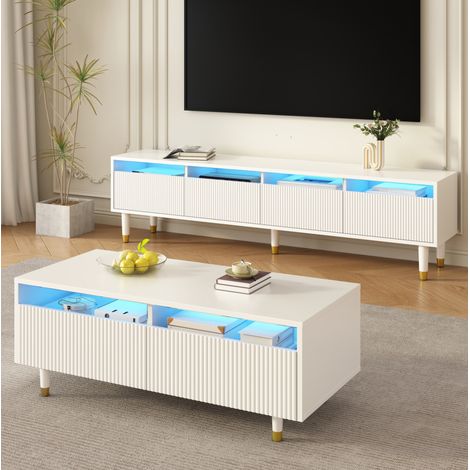 Ensemble salon TV et table basse blanc et or, 2 pièces, MDF, LED, 4 portes (1/5)