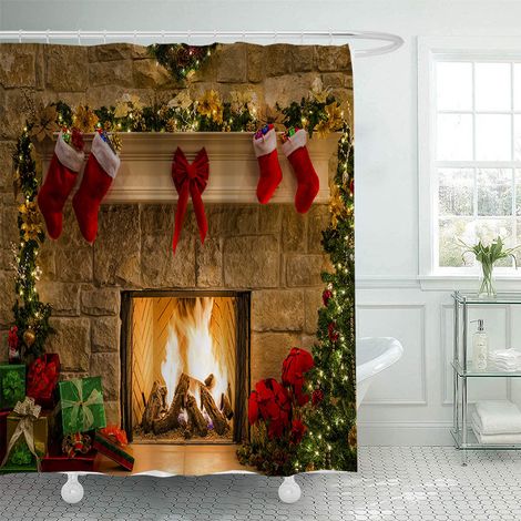150 x 180 cm großer Duschvorhang mit Weihnachtsmotiv, Weihnachtsmann und Rentier, Badezimmer-Dekorationsset, wasserdichtes Material, inklusive 12 Haken