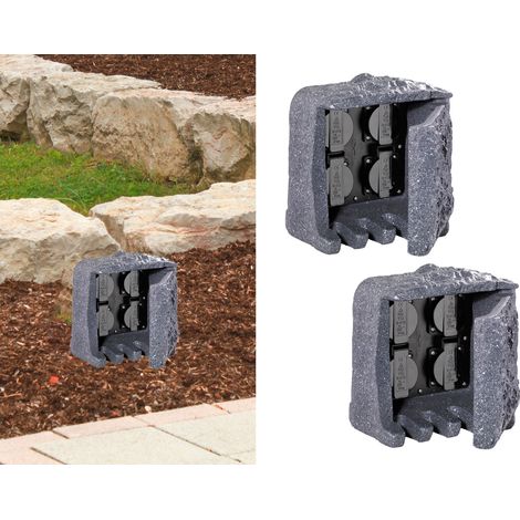 Außensteckdose Steinoptik 4 fach 2er Set Gartensteckdose IP44 - 5m Zuleitung (1/5)