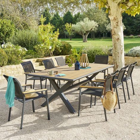 Hesperide – Table de jardin 8 places en eucalyptus certifié FSC® – Structure en aluminium teinté – Pieds ajustables pour stabilité optimale
