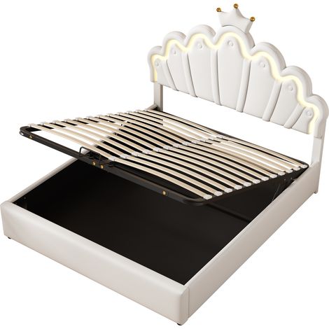 Letto imbottito 140 x 200 cm bianco con contenitore e luce LED regolabile, design corona (1/5)