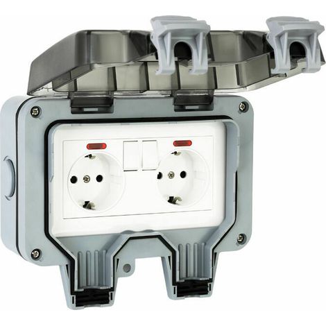 Prise Étanche Extérieure IP66 avec Interrupteur, Boîte de Derivation Étanche, Prise Extérieure Murale Double pour Cuisine, Salle de Bain, Piscine et Gardin (1/5)