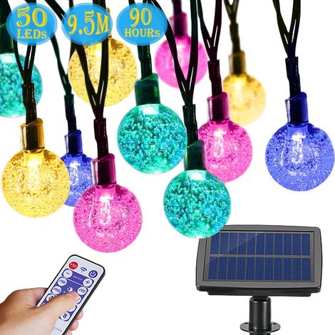 Guirlande Lumineuse Solaire - 50 Boules LED Cristal - 9,5 M - Étanche IP65 - 8 Modes + Télécommande - Pour Jardin Cour Extérieur Noël