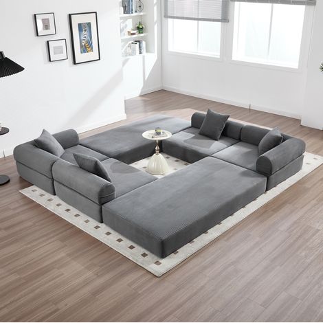 Sofá modular de pana gris oscuro con bolsillo lateral, cama auxiliar y embalaje al vacío (1/5)