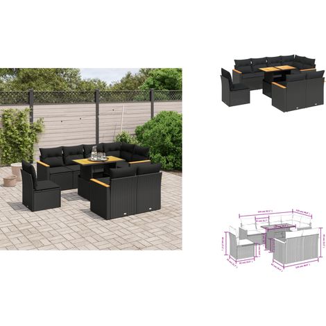 Salon de jardin 9 pcs avec coussins noir résine tressée - Ensemble Salon De Jardin - Meuble Extérieur - Résine Tressée - Rotin Synthétique - Table Extensible (1/3)