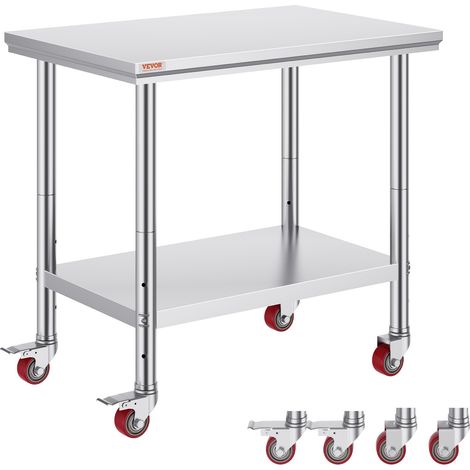 Table de Travail en Acier Inoxydable 90 x 60 x 85 cm, Table de Préparation des Aliments Capacité de Charge Totale 204 kg, 4 Roues, 3 Niveaux de Hauteur Réglables, Cuisine Commerciale Restaurant (1/5)