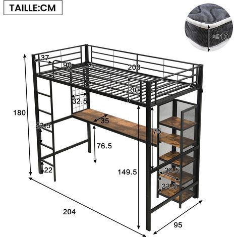 Hochbett Einzelbett mit Schreibtisch, Regalfächern und Metallgitter 90 × 200 cm, ohne Matratze (1/4)