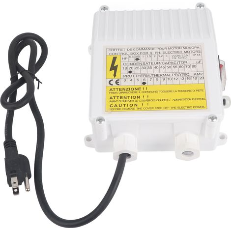 Boîtier de commande de pompe pour pompes à eau domestiques submersibles pour puits profonds (0,55 kW/0,5 CV, 20 µF 5 A, prise standard américaine, 110 V), avec contrôleur de disjoncteur de protection (1/5)