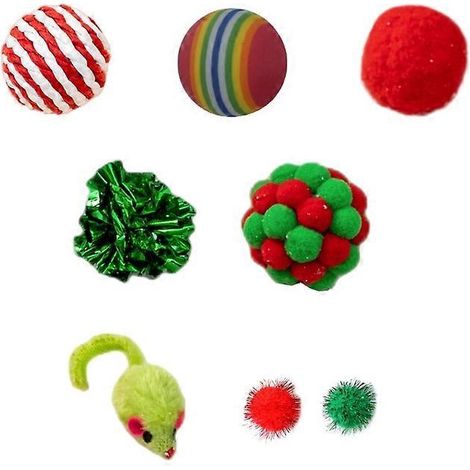 Weihnachtsspielzeug für Katzen: Fellbälle mit Bommeln und lustigen Anhängern - 8-teiliges Set.