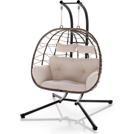 Sedia sospesa doppia in polyrattan Aria Beige Con struttura e cuscino - Altalena per 2 persone (1/2)
