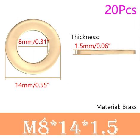 Rondelle piatte di tenuta in ottone – Confezione da 20, diametro interno 8 mm / diametro esterno 14 mm