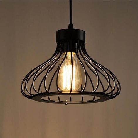 Lampada a Sospensione Vintage Industriale Stile Illuminazione da Soffitto con Gabbia in Metallo - Nero 1PCS (1/5)
