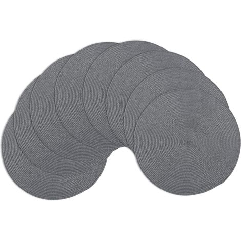 Set mit 8 runden, gewebten, dunkelgrauen Platzsets, 38 cm, isolierendes und abwaschbares Vinyl.