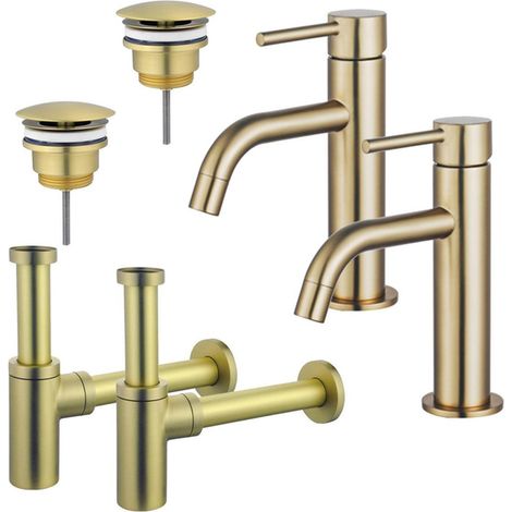 FugaFlow Eccelente Sobrado Slim Kit robinet lavabo - pour double vasque - robinet bas - bonde non-obturable - siphon design - Laiton brossé PVD (1/4)