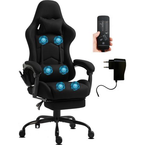 Chaise Gaming Ergonomique en Tissu, Massage 6 Points, Noir