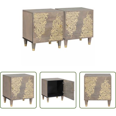 vidaXL Mango Holz - Nachttisch mit Tür 2 pcs Grau 40 x 33 x 46 cm Massivholz Mango (1/5)
