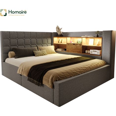 Cadre de lit gris en tissu avec rangement et port USB 213 x 158 x 86 cm HOMAIRE (1/5)