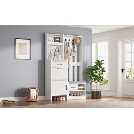 Support de rangement mural 110x35x175,5 cm, étagère à vêtements 7-en-1 avec banc à chaussures, portant libre, patère à 7 crochets, panneau perforé, tapis, 2 tiroirs, blanc (1/5)