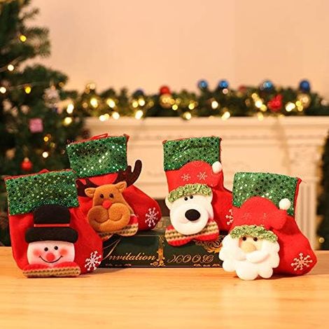 Chaussette De Noël - En Tissu Avec Appliqués 3D - 15 X 12,5 Cm - Pour Cheminée Arbre Porte Mur - Lot De 4 (1/5)