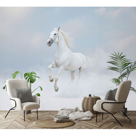 Vlies Fototapete Pferd Weiß 200x140 cm, Tapeten, für Wohn und Schlafzimmer, Vliestapete Wandtapete Tapete 3D Effekt- inkl. Kleister - Tiere Wolken Himmel Blau, WallArena (1/4)