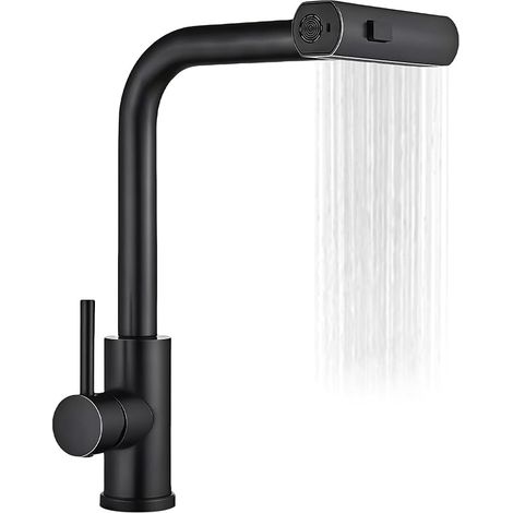 Waterfall Robinet de cuisine extensible noir haute pression avec douchette extractible Robinet d'évier avec 3 types de jet, pivotant à 360°, cascade en acier inoxydable brossé (1/5)