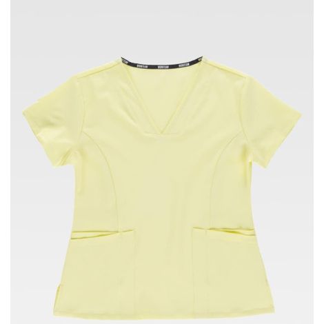 Casaca entallada de manga corta con tejido elástico. Cuello a pico con bies B6950 S Amarillo claro (1/2)