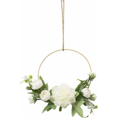 Couronne de fleurs dorées à suspendre au mur, cadre rond de fleurs artificielles, guirlande de roses roses (blanche)-AquaForge (1/5)