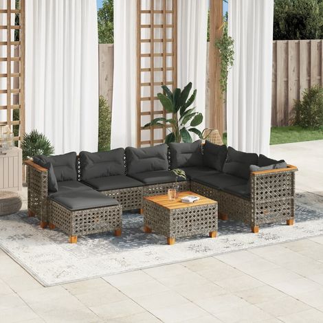 Ensemble de Jardin Modulaire 8 Places  Résine Tressée Grise avec Coussins  3 Sièges d'Angle + 3 Centraux + Repose-pied + Table Acacia (1/5)