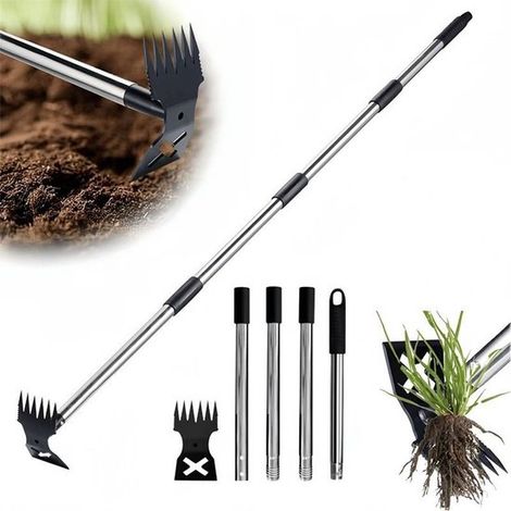 Estirpatore per erbacce a manico lungo, espulsore manuale per erbacce lungo 152 cm, rastrello per erbacce a manovella 2 in 1 e zappa da giardino per giardinaggio, robusto (1/5)