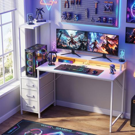 Bureau jeu table Blanc ordinateur support cpu réglable réversible leds rgb prises ports usb/usb c moniteur 3 tiroirs tissu 147 cm